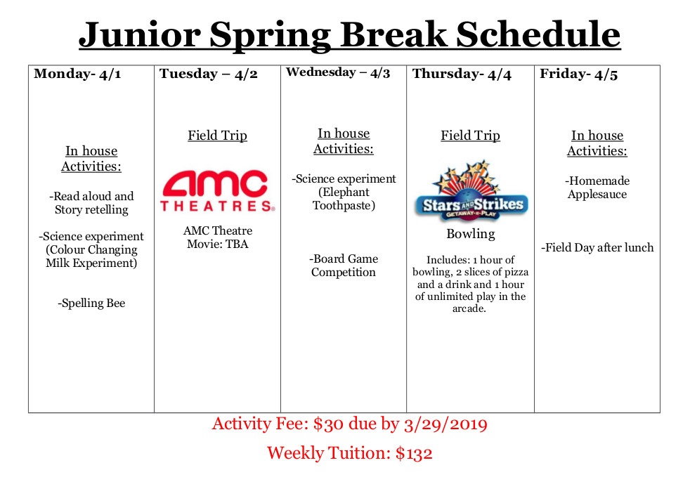 2019 Junior Spring Break Schedule