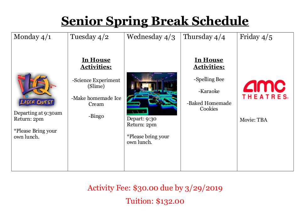 2019 Junior Spring Break Schedule